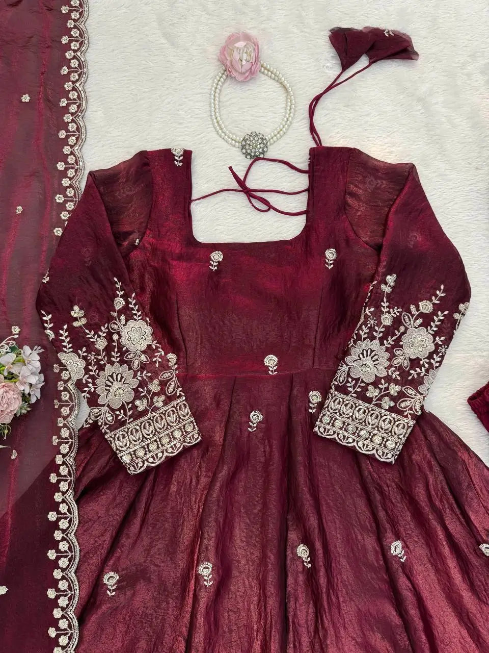 Embroidered Fendy Silk Anarkali Set with Dupatta