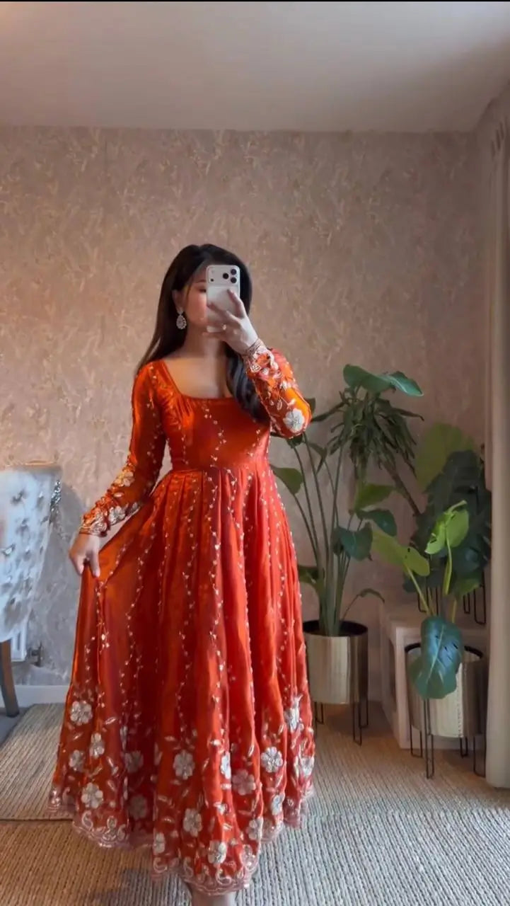 Embroidered Fendy Silk Anarkali Set with Dupatta