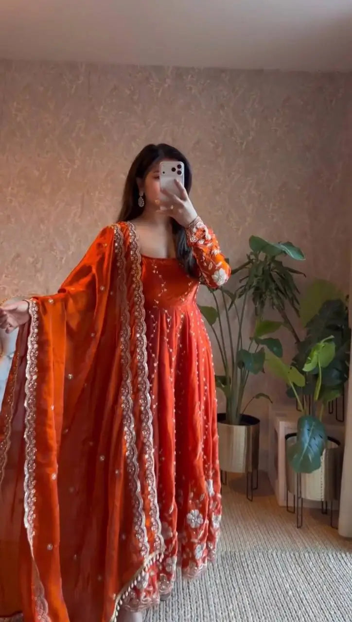 Embroidered Fendy Silk Anarkali Set with Dupatta