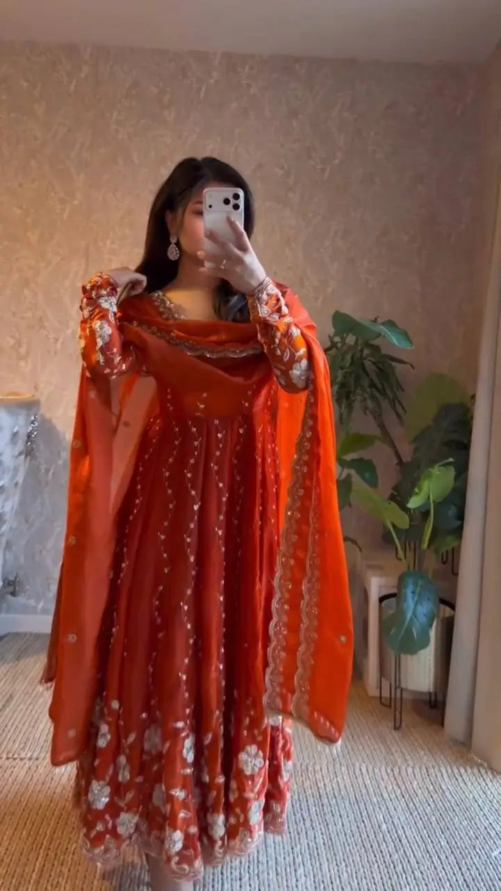Embroidered Fendy Silk Anarkali Set with Dupatta