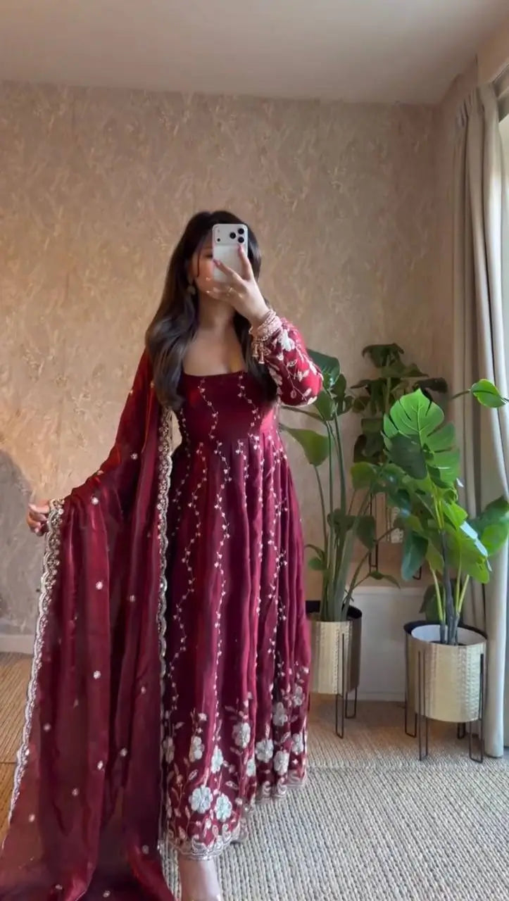 Embroidered Fendy Silk Anarkali Set with Dupatta