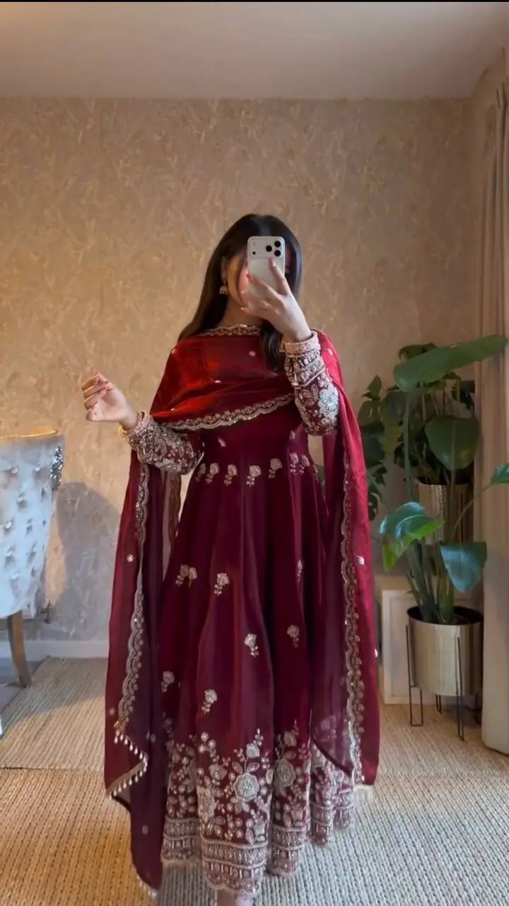 Embroidered Fendy Silk Anarkali Set with Dupatta