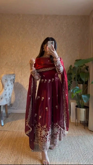Embroidered Fendy Silk Anarkali Set with Dupatta