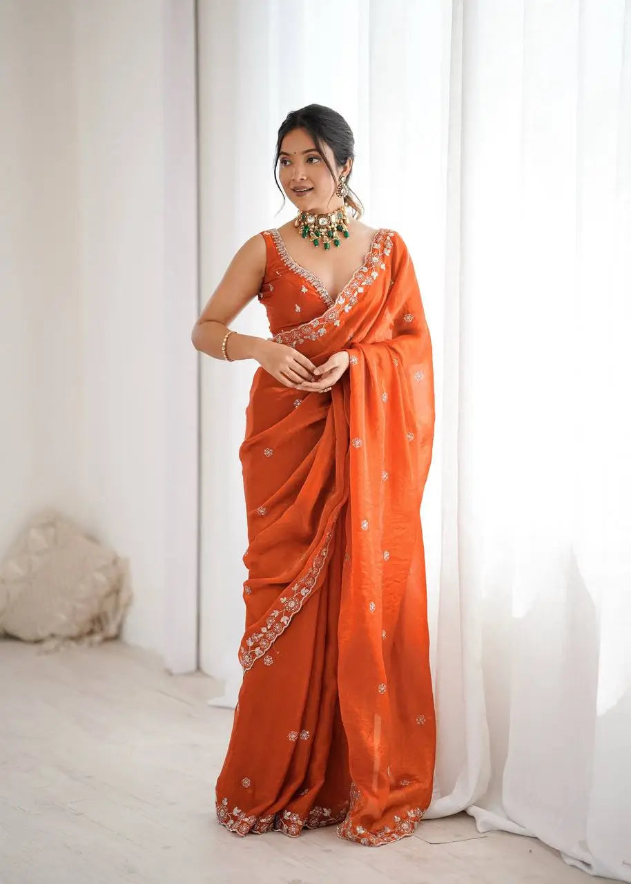 Embroidered Fendy Silk Designer Saree with Blouse