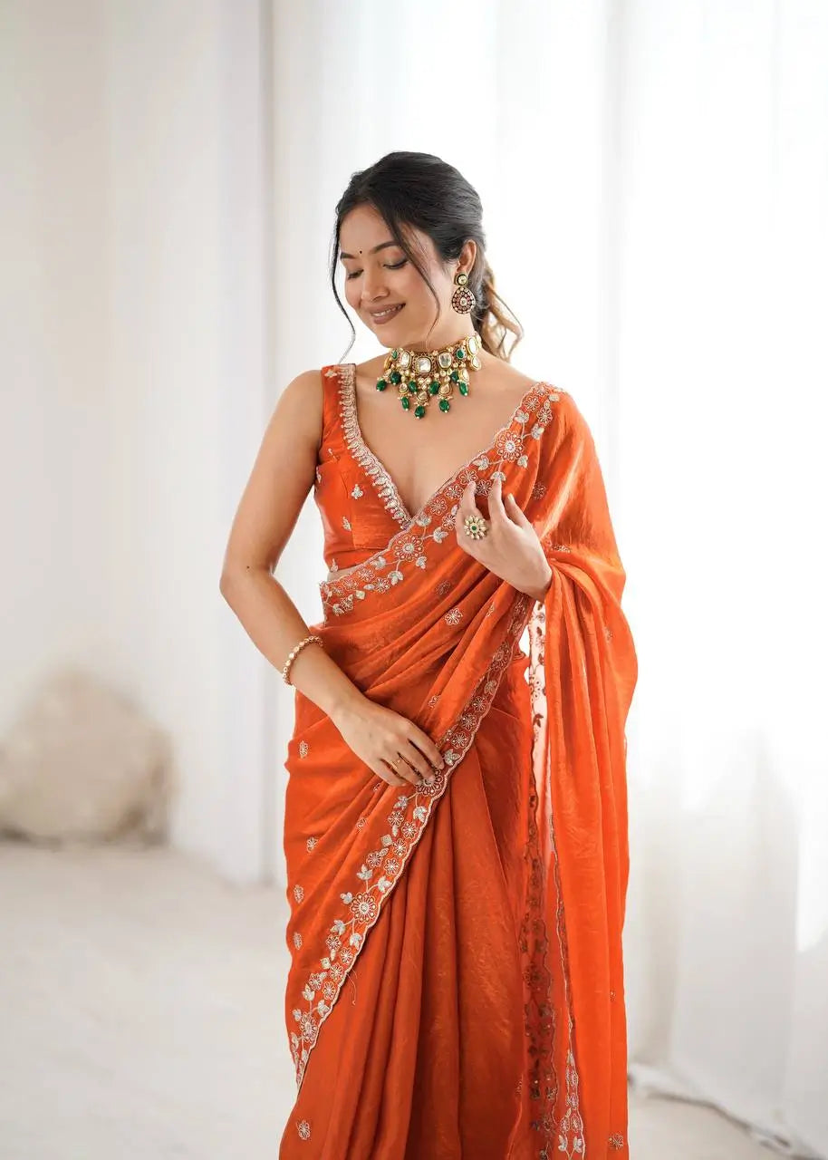 Embroidered Fendy Silk Designer Saree with Blouse