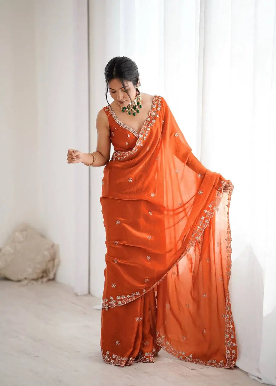 Embroidered Fendy Silk Designer Saree with Blouse