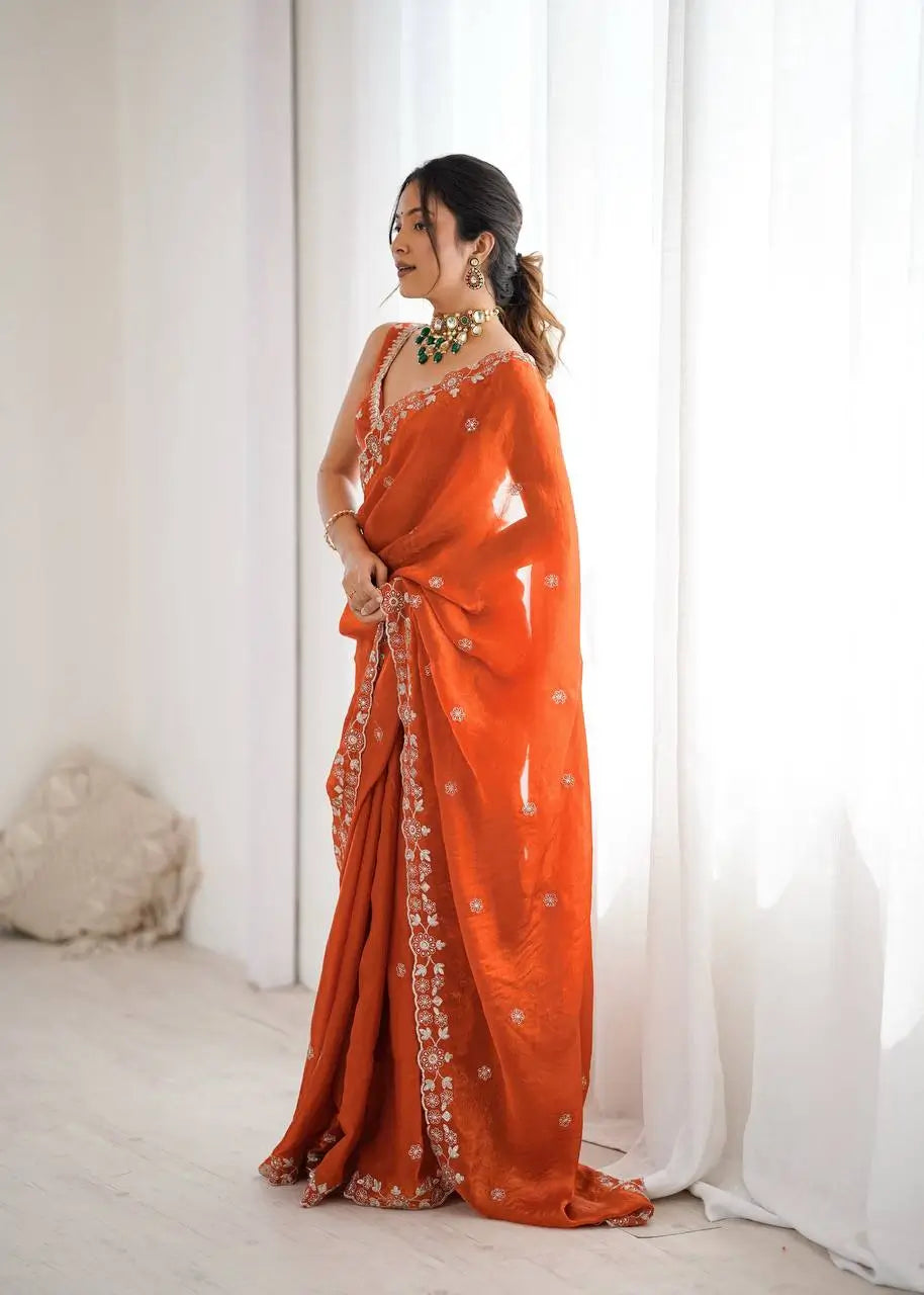 Embroidered Fendy Silk Designer Saree with Blouse