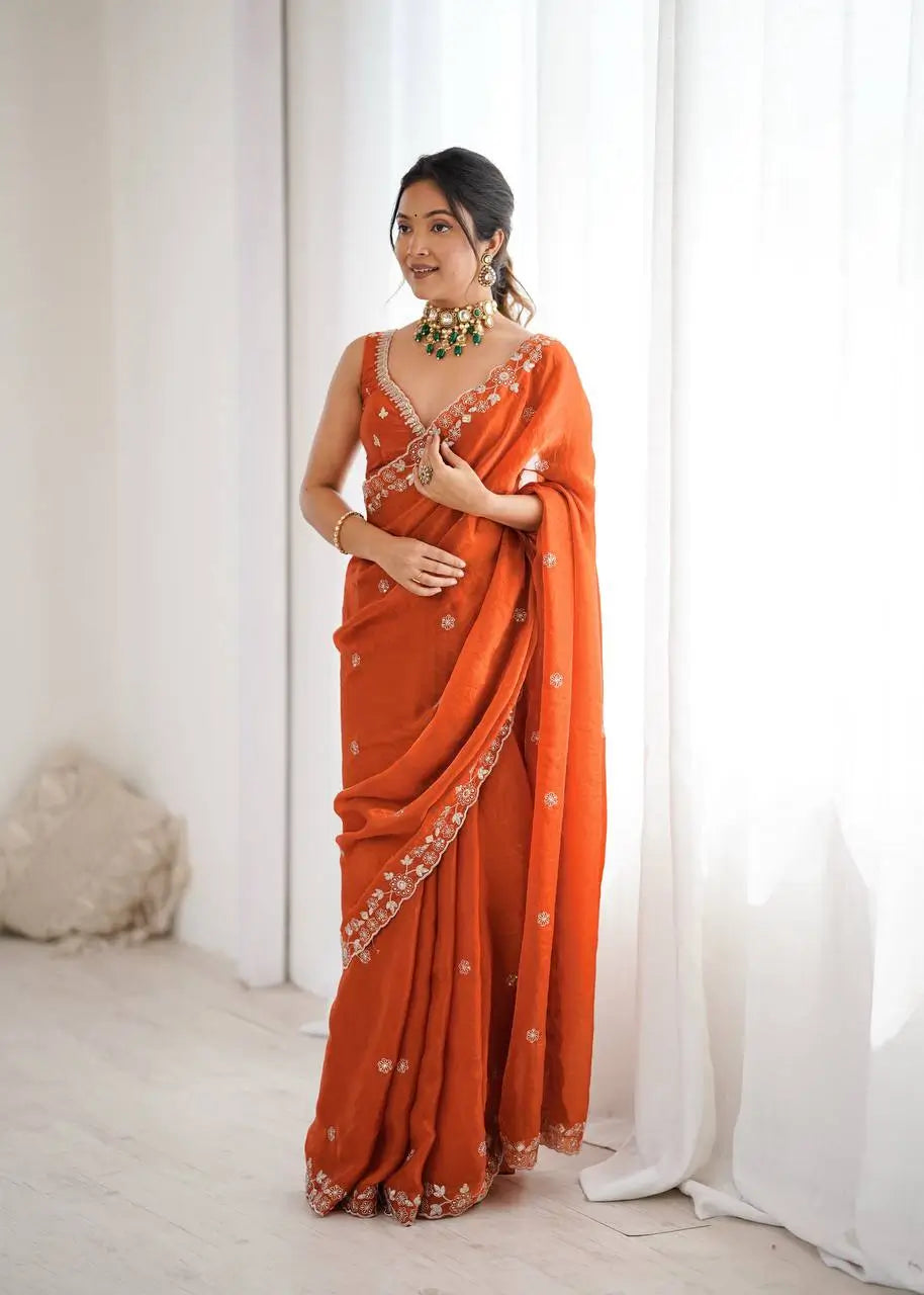 Embroidered Fendy Silk Designer Saree with Blouse