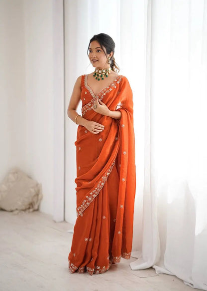 Embroidered Fendy Silk Designer Saree with Blouse