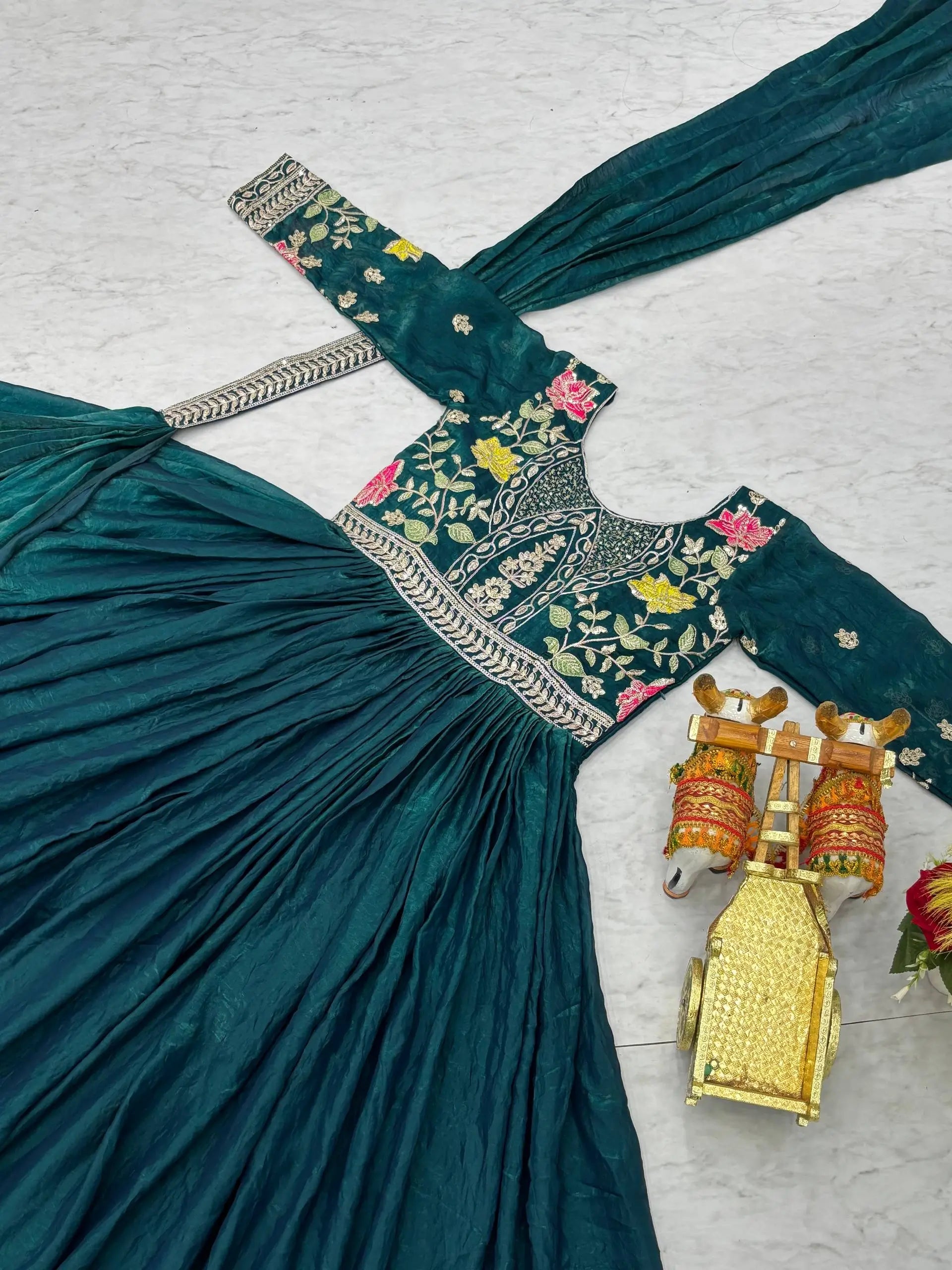 Embroidered Fendy Silk Festival Gown Set