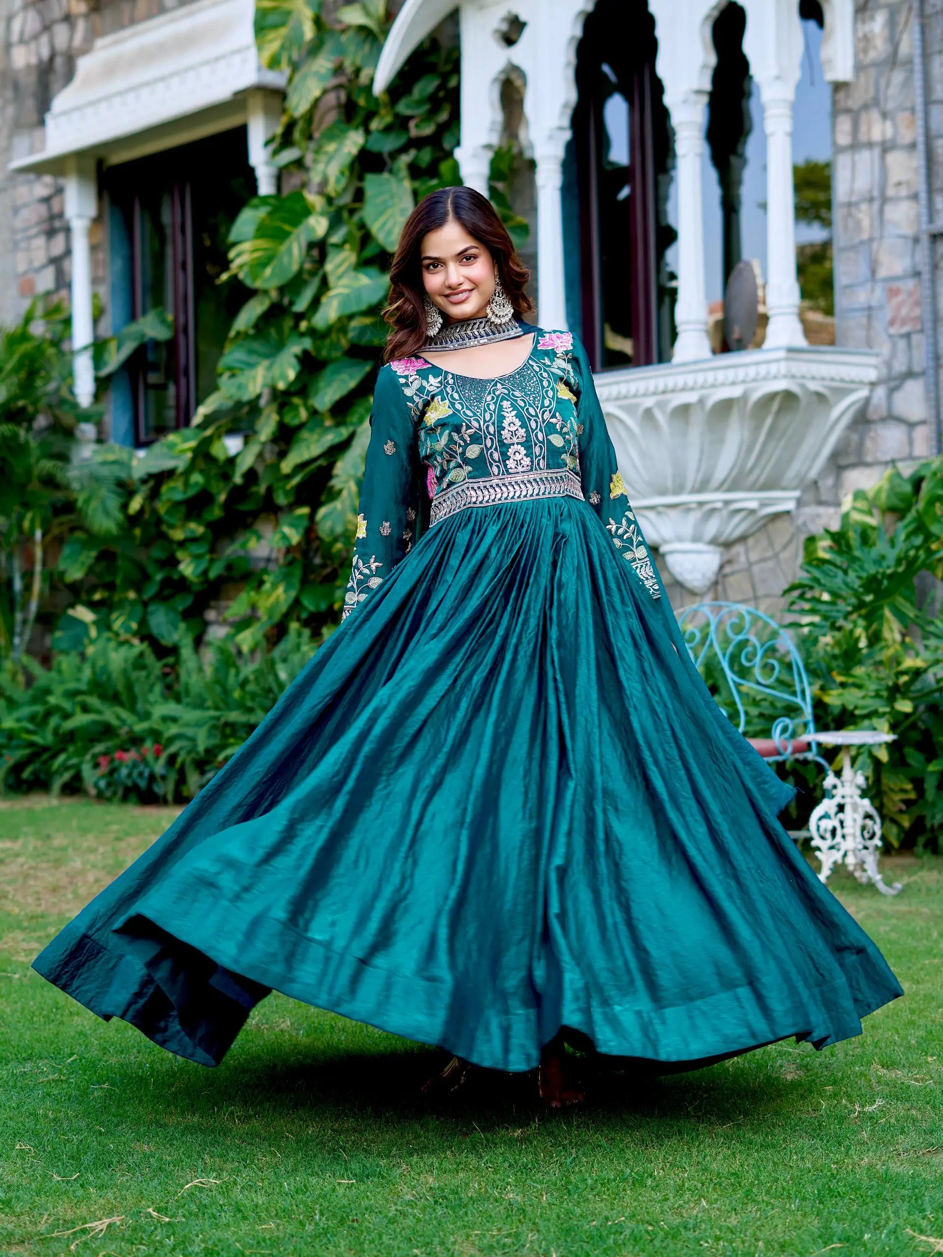 Embroidered Fendy Silk Festival Gown Set