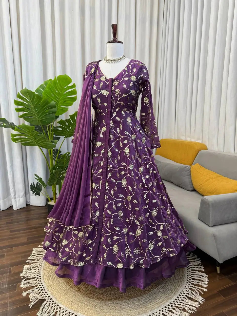Embroidered Fendy Silk Gown Lehenga Set with Dupatta