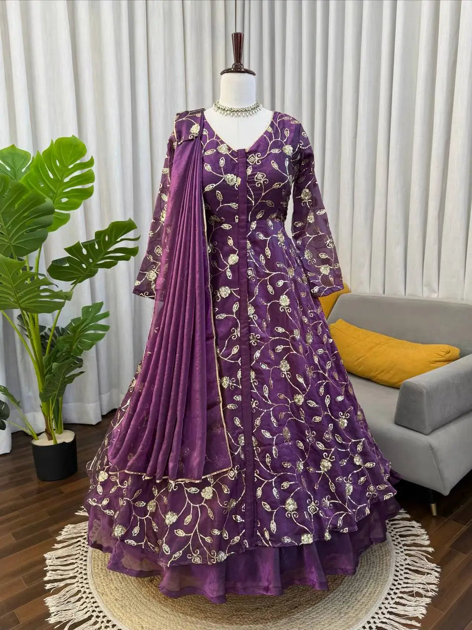 Embroidered Fendy Silk Gown Lehenga Set with Dupatta
