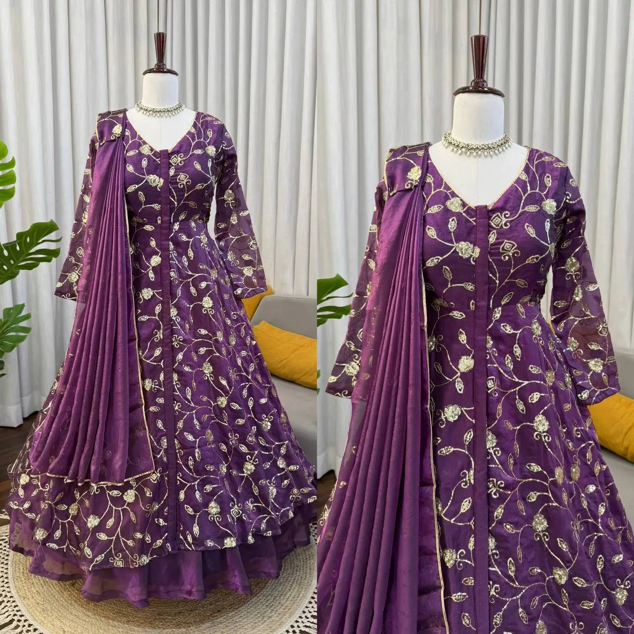 Embroidered Fendy Silk Gown Lehenga Set with Dupatta