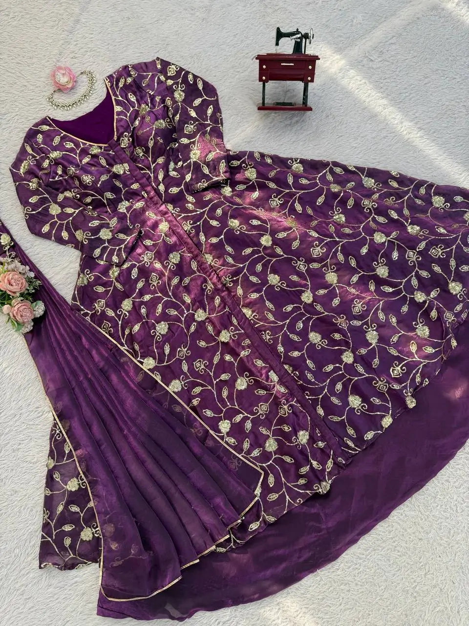 Embroidered Fendy Silk Gown Lehenga Set with Dupatta