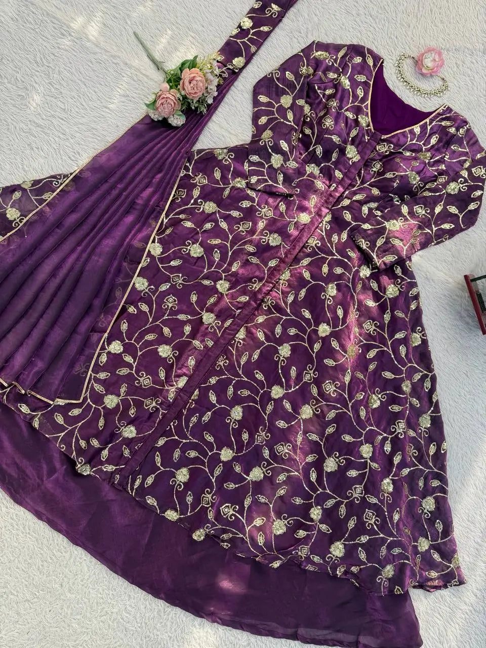 Embroidered Fendy Silk Gown Lehenga Set with Dupatta