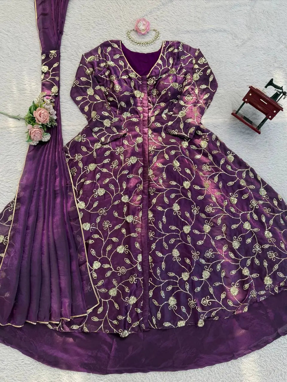 Embroidered Fendy Silk Gown Lehenga Set with Dupatta