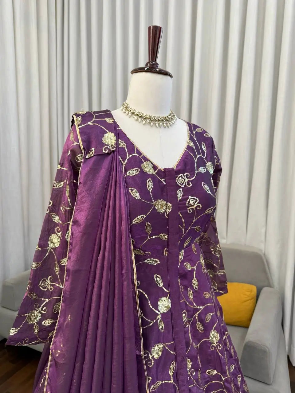 Embroidered Fendy Silk Gown Lehenga Set with Dupatta