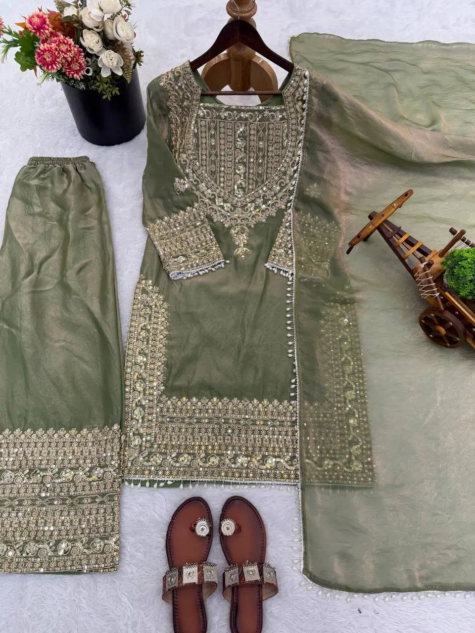 Embroidered Fendy Silk Kurta Sharara Set with Dupatta for Festive and Party Wear