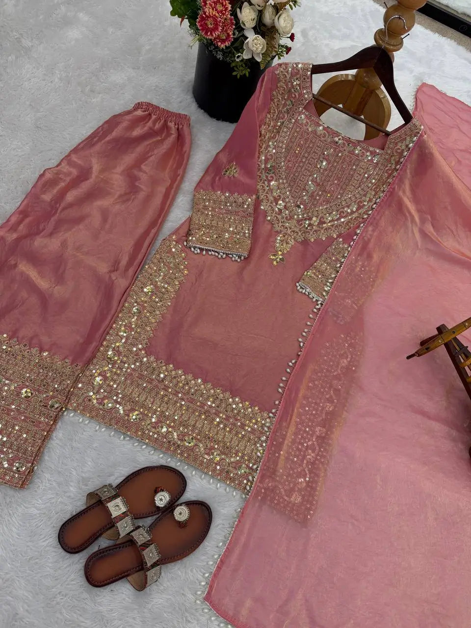 Embroidered Fendy Silk Kurta Sharara Set with Dupatta for Festive and Party Wear