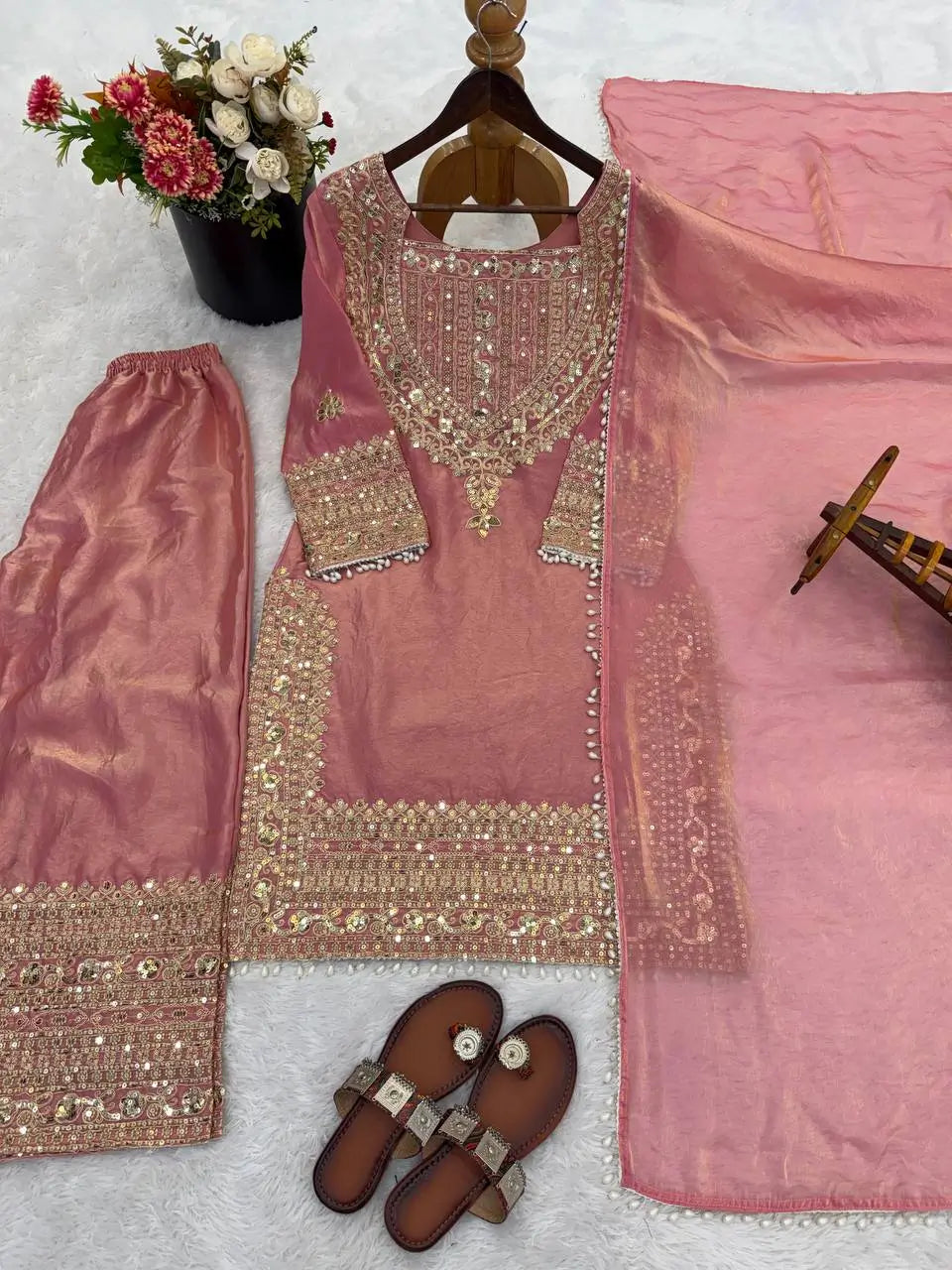 Embroidered Fendy Silk Kurta Sharara Set with Dupatta for Festive and Party Wear