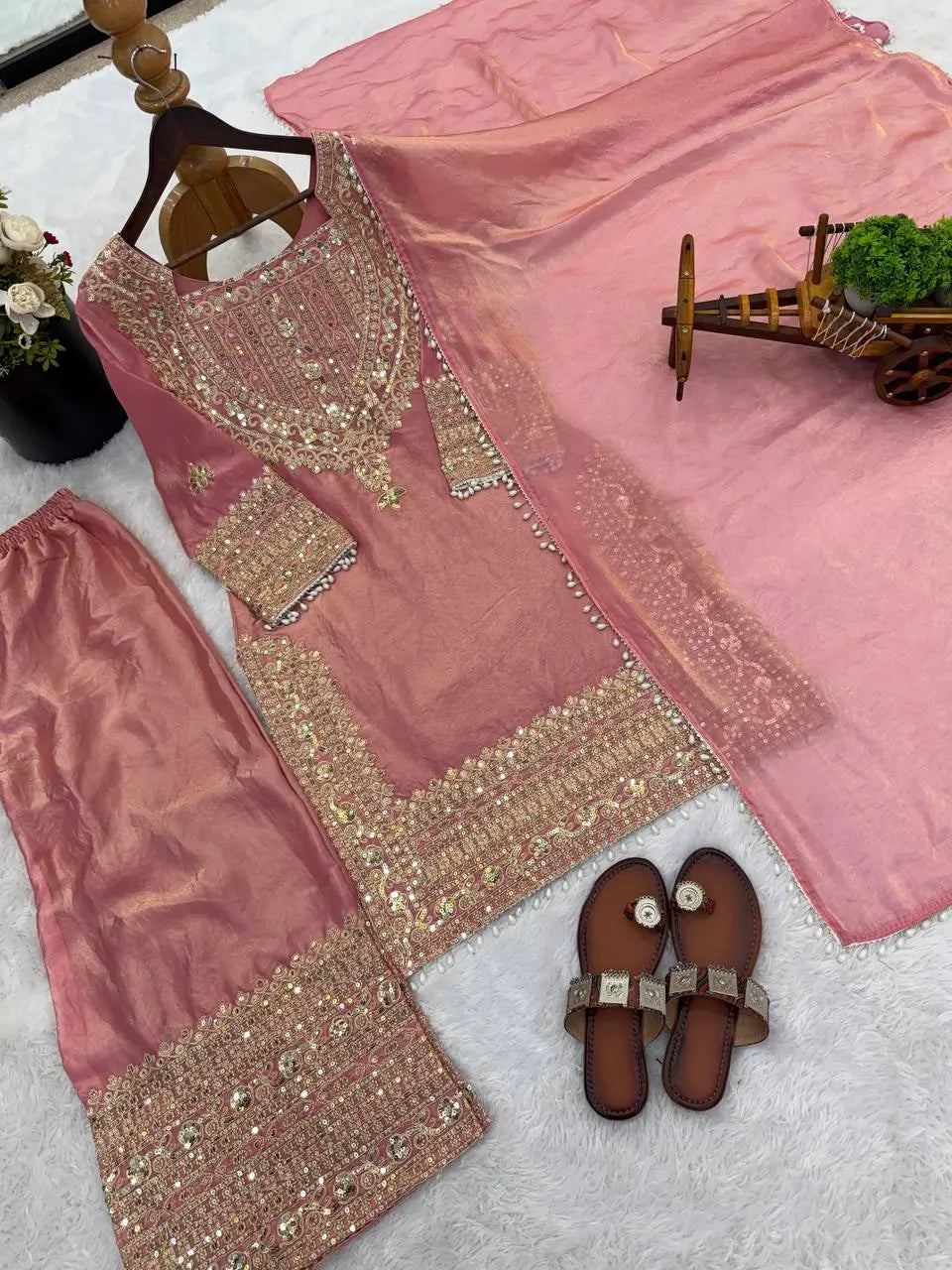 Embroidered Fendy Silk Kurta Sharara Set with Dupatta for Festive and Party Wear