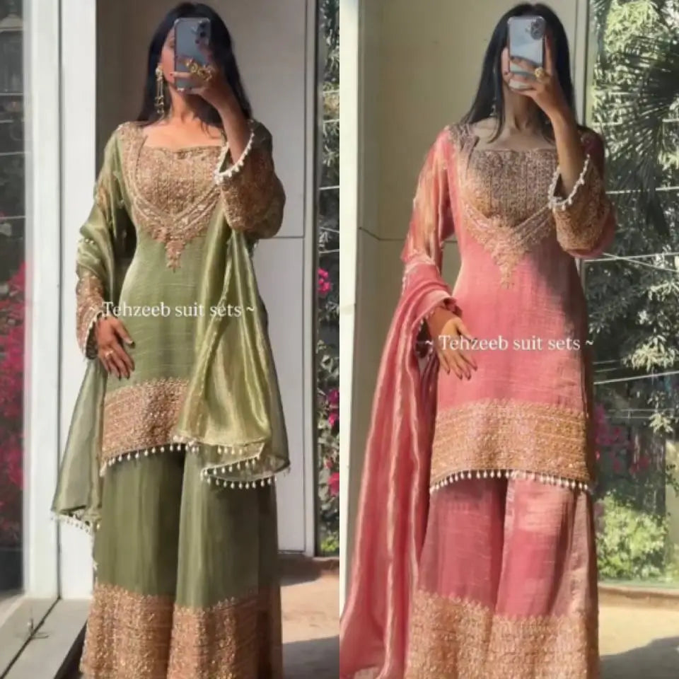 Embroidered Fendy Silk Kurta Sharara Set with Dupatta for Festive and Party Wear