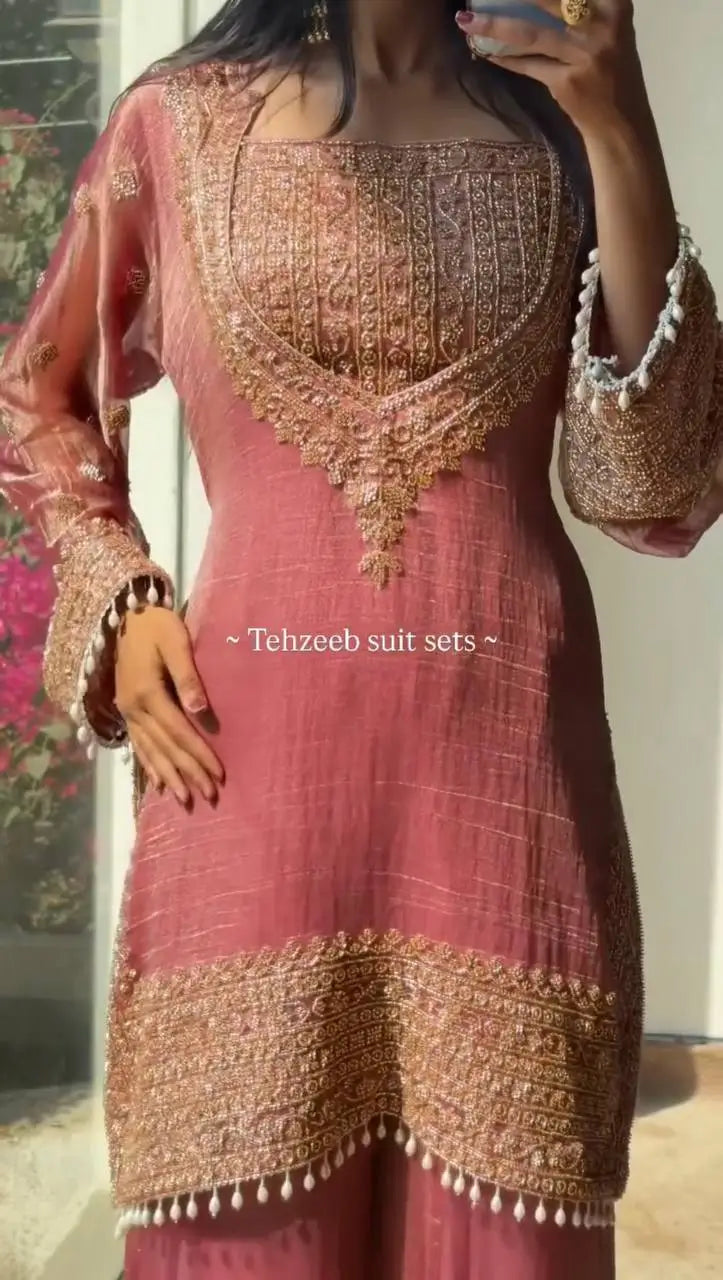 Embroidered Fendy Silk Kurta Sharara Set with Dupatta for Festive and Party Wear