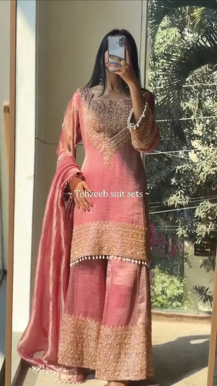 Embroidered Fendy Silk Kurta Sharara Set with Dupatta for Festive and Party Wear
