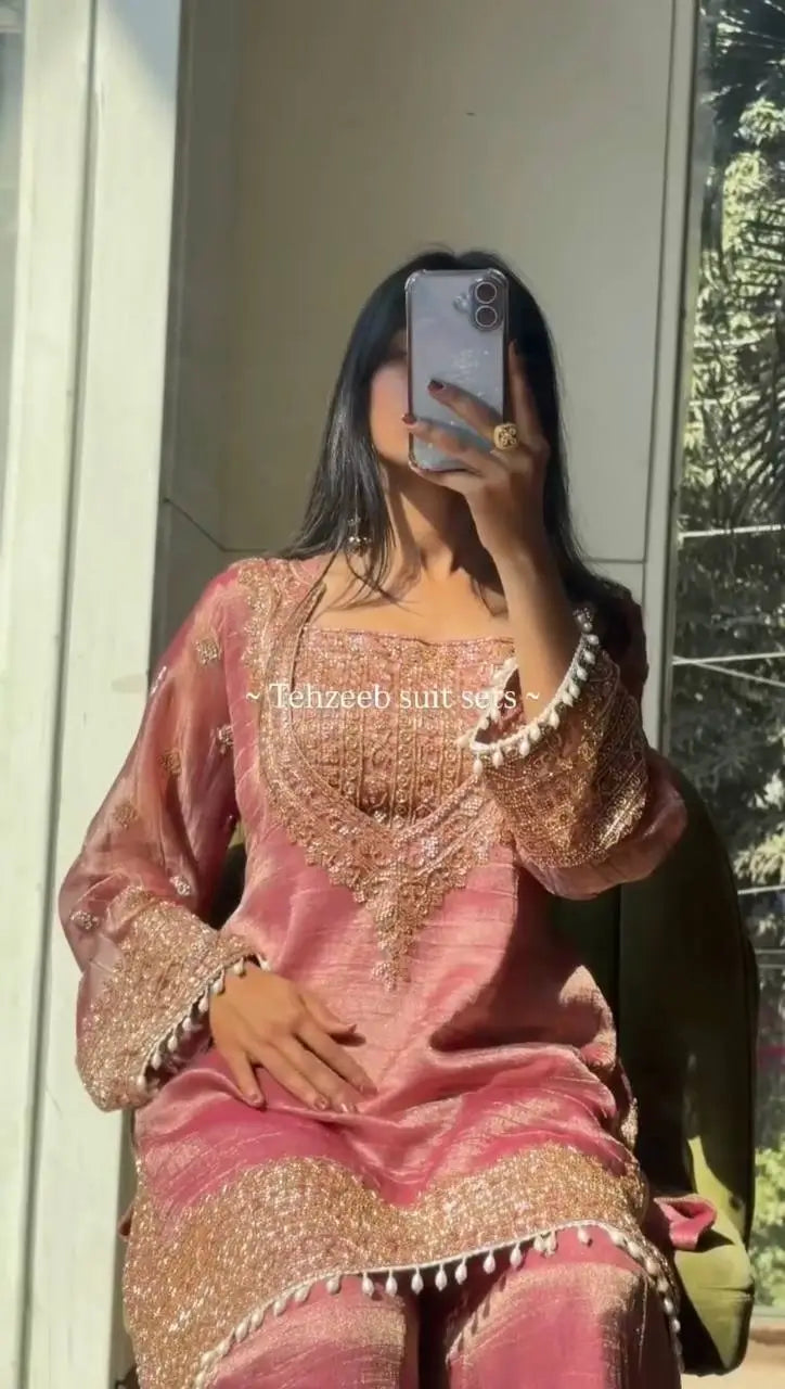 Embroidered Fendy Silk Kurta Sharara Set with Dupatta for Festive and Party Wear