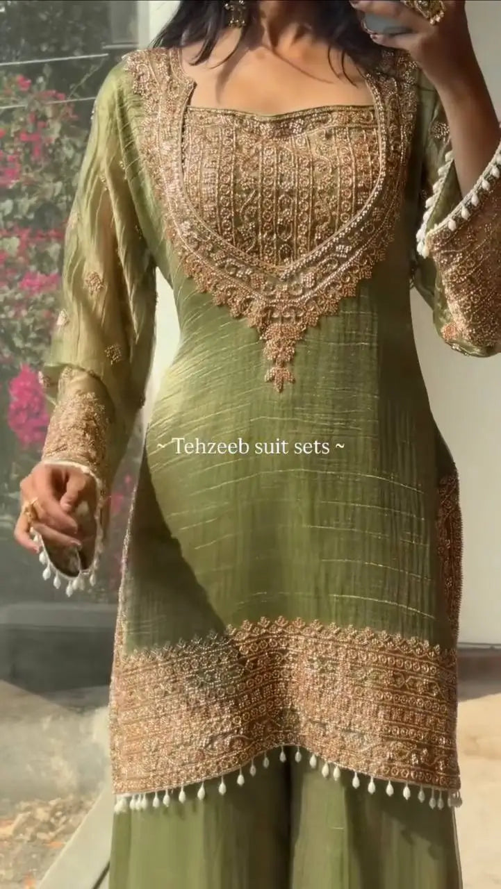 Embroidered Fendy Silk Kurta Sharara Set with Dupatta for Festive and Party Wear