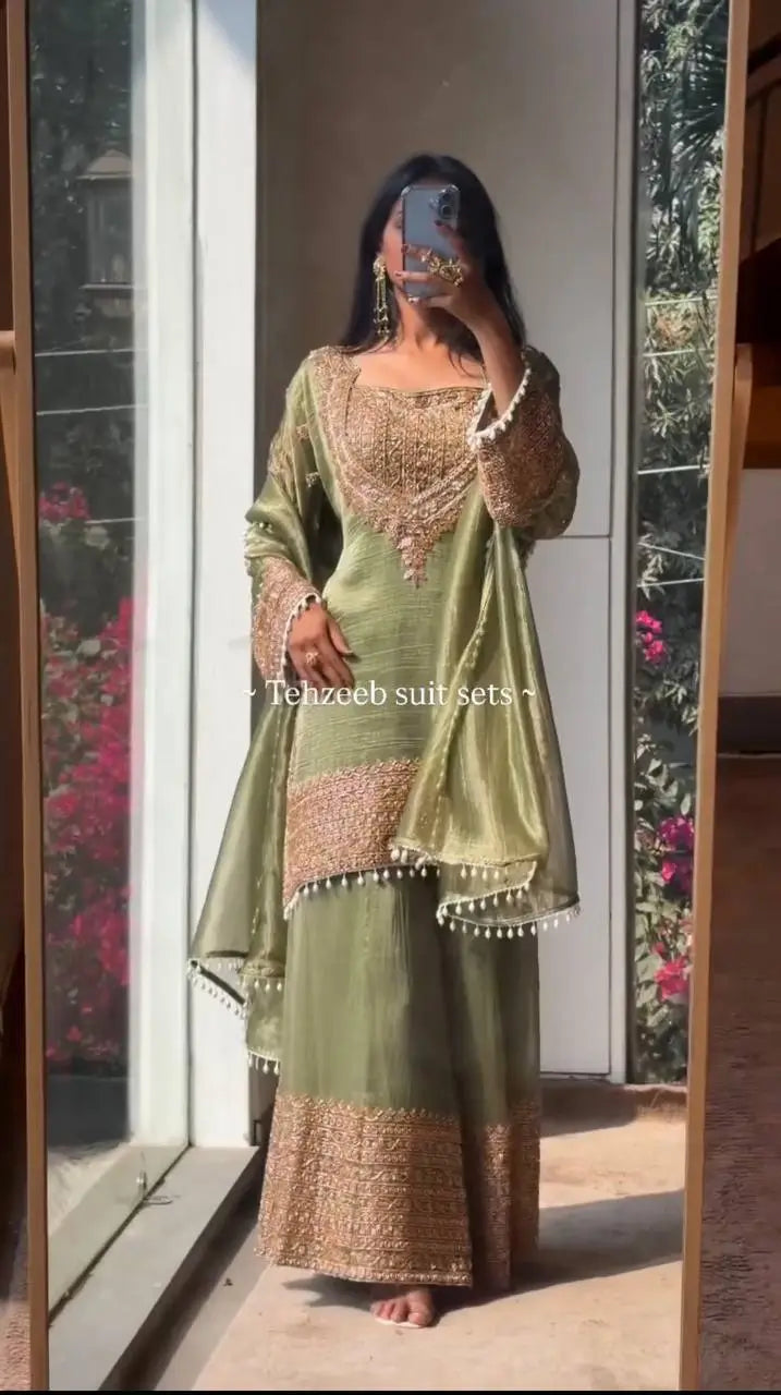Embroidered Fendy Silk Kurta Sharara Set with Dupatta for Festive and Party Wear