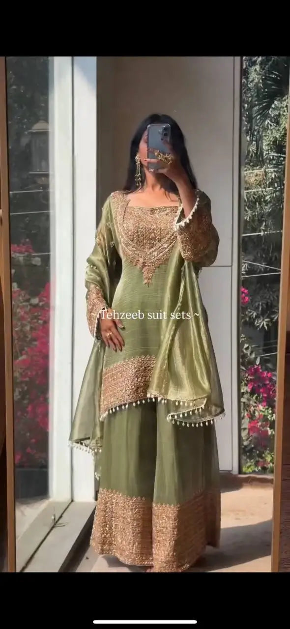 Embroidered Fendy Silk Kurta Sharara Set with Dupatta for Festive and Party Wear
