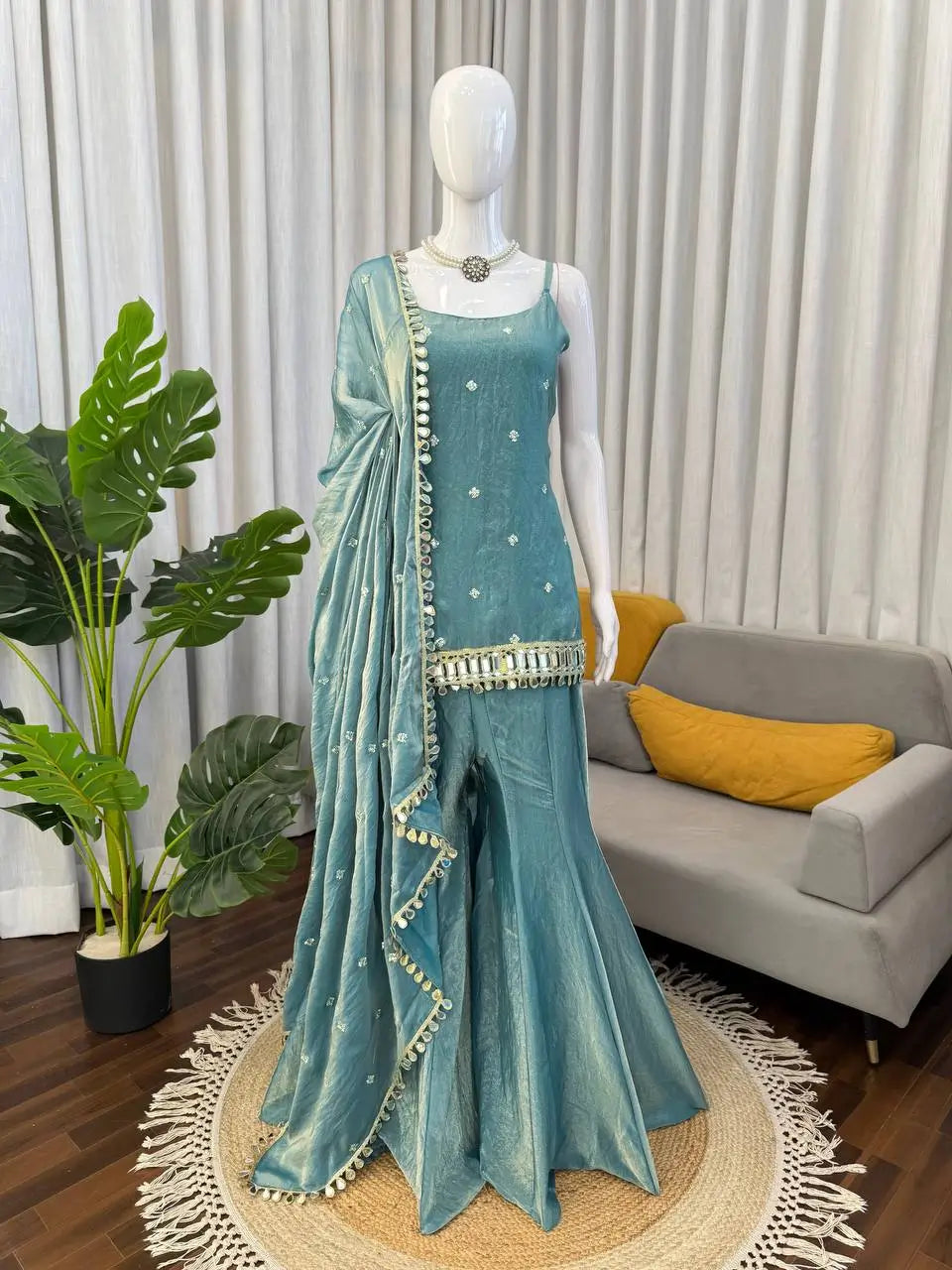 Embroidered Fendy Silk Sharara Palazzo Suit Set for Wedding and Festive Wear