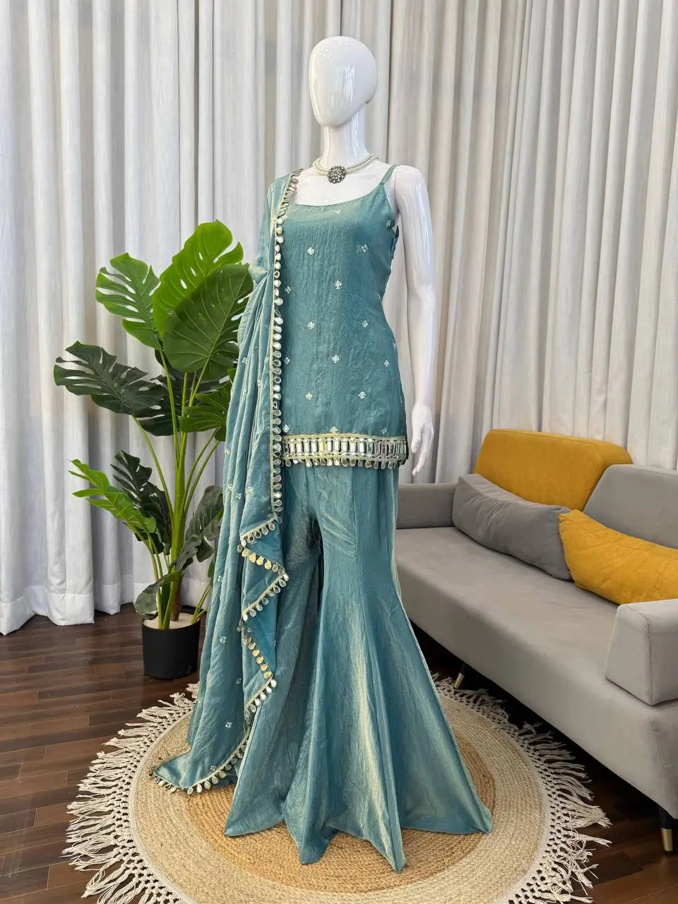 Embroidered Fendy Silk Sharara Palazzo Suit Set for Wedding and Festive Wear