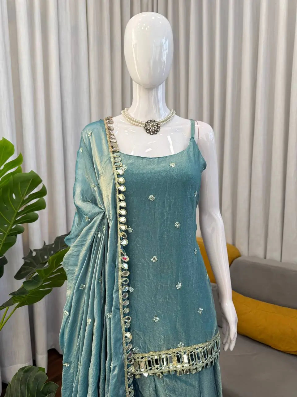 Embroidered Fendy Silk Sharara Palazzo Suit Set for Wedding and Festive Wear