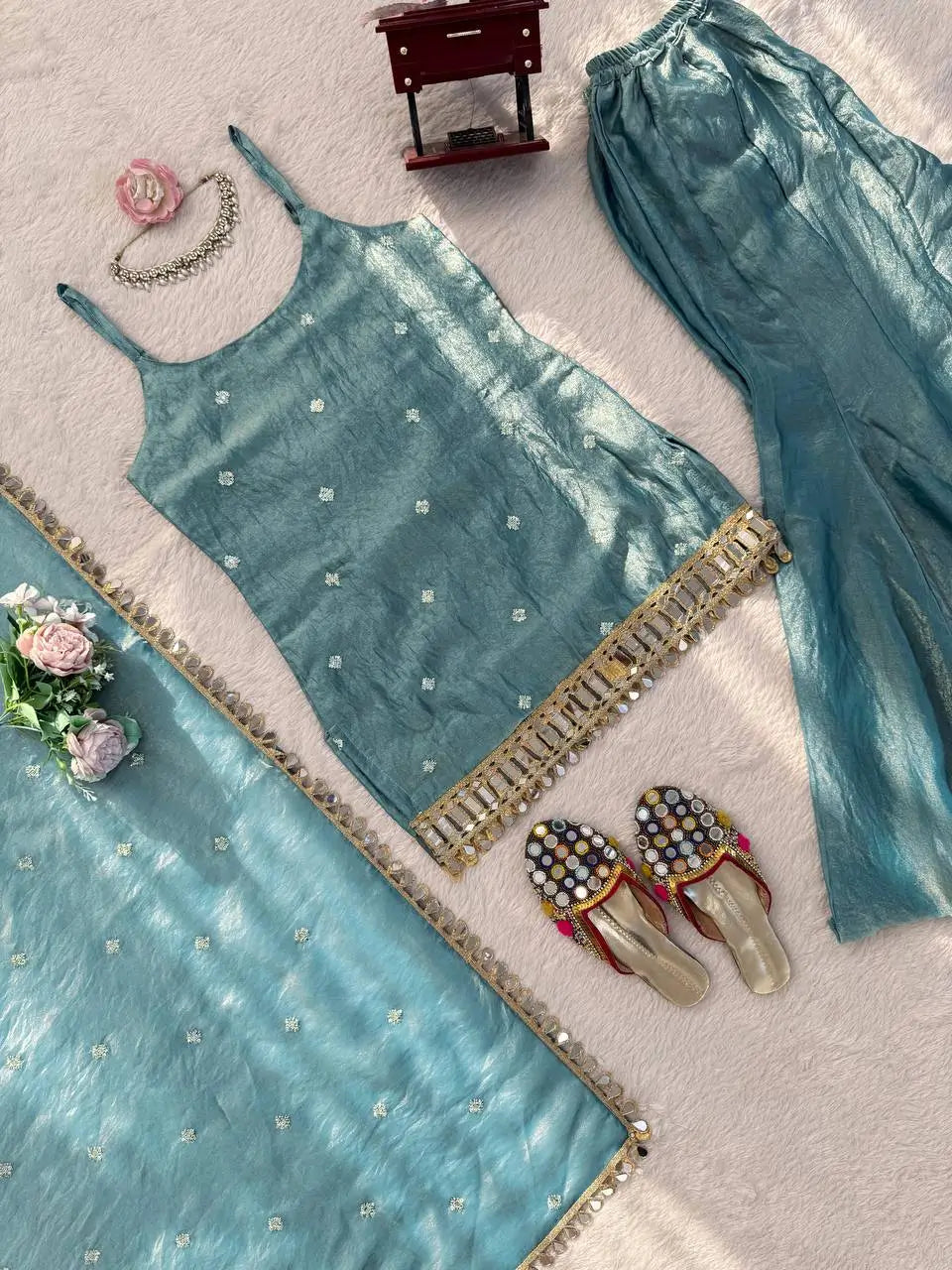 Embroidered Fendy Silk Sharara Palazzo Suit Set for Wedding and Festive Wear