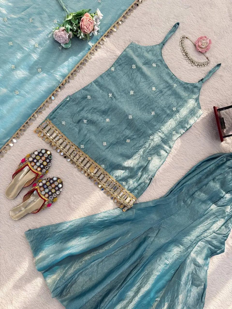 Embroidered Fendy Silk Sharara Palazzo Suit Set for Wedding and Festive Wear