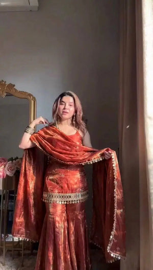 Embroidered Fendy Silk Sharara Palazzo Suit Set for Wedding and Festive Wear