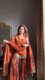 Embroidered Fendy Silk Sharara Palazzo Suit Set for Wedding and Festive Wear