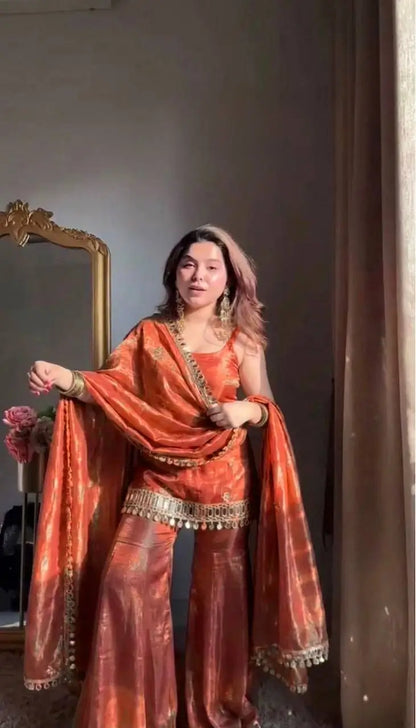 Embroidered Fendy Silk Sharara Palazzo Suit Set for Wedding and Festive Wear