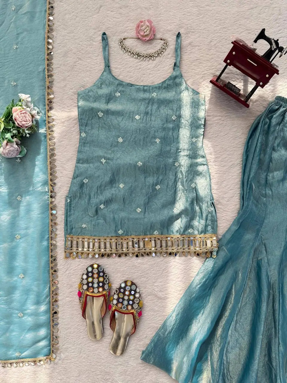 Embroidered Fendy Silk Sharara Palazzo Suit Set for Wedding and Festive Wear