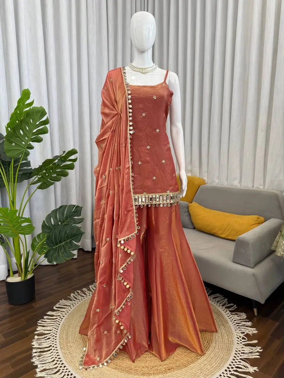 Embroidered Fendy Silk Sharara Palazzo Suit Set for Wedding and Festive Wear