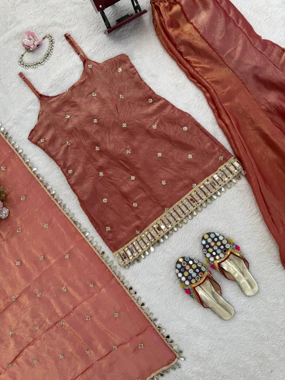 Embroidered Fendy Silk Sharara Palazzo Suit Set for Wedding and Festive Wear