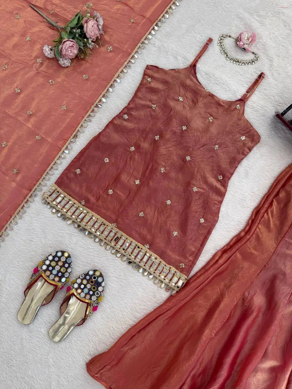 Embroidered Fendy Silk Sharara Palazzo Suit Set for Wedding and Festive Wear