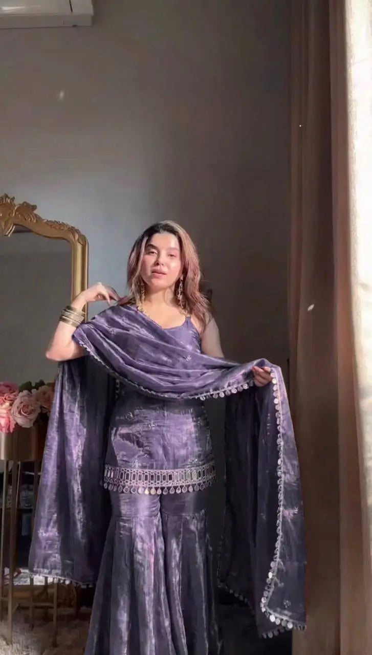 Embroidered Fendy Silk Sharara Palazzo Suit Set for Wedding and Festive Wear