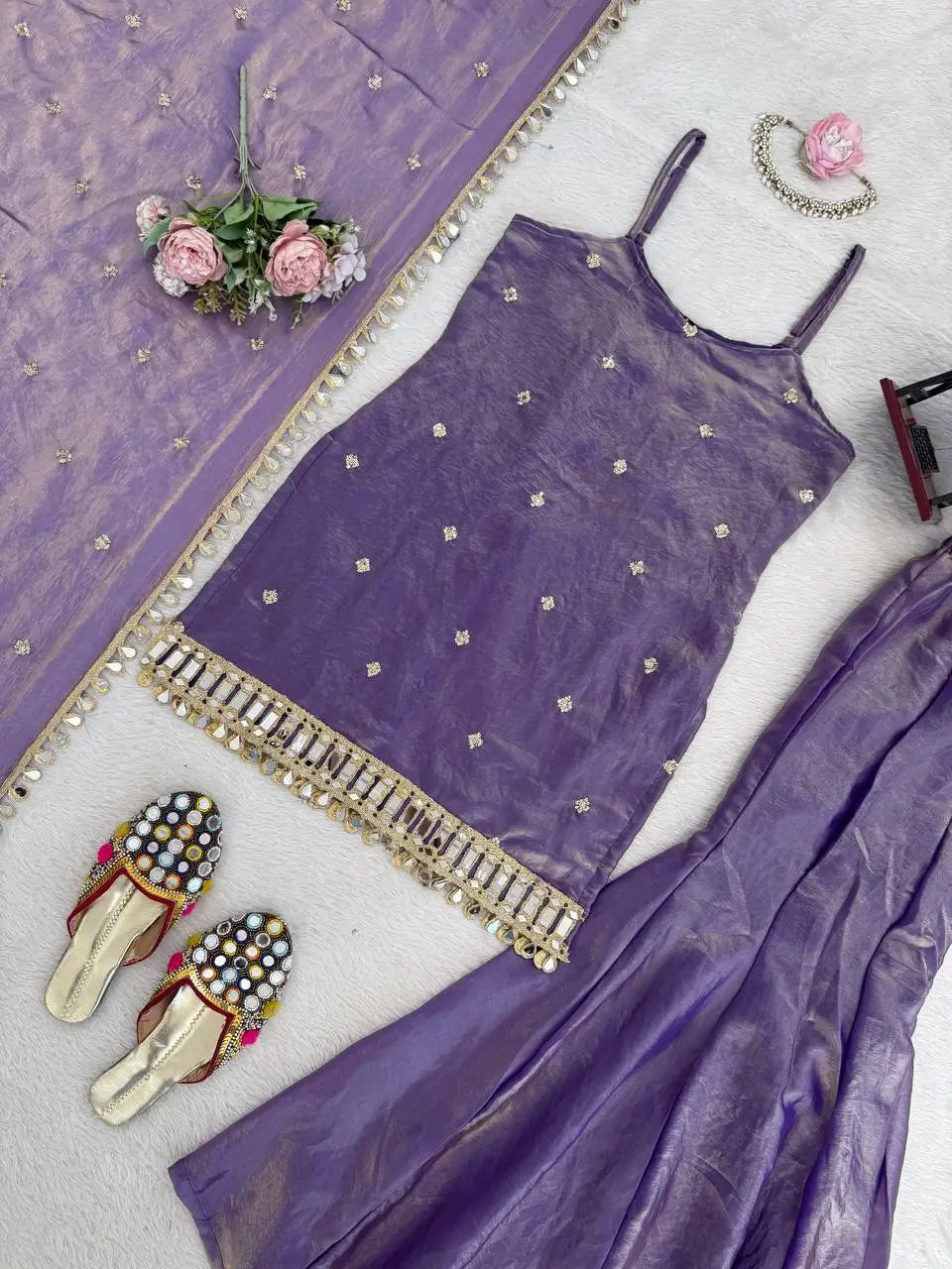 Embroidered Fendy Silk Sharara Palazzo Suit Set for Wedding and Festive Wear