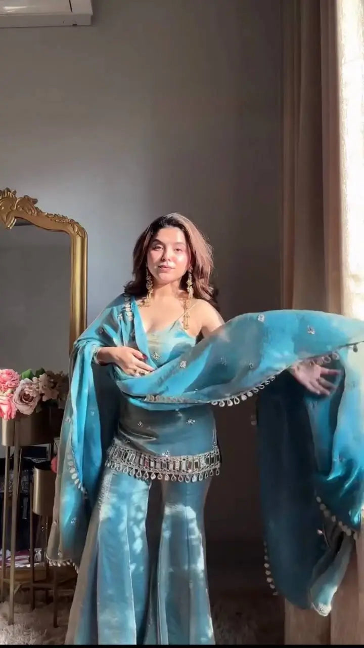 Embroidered Fendy Silk Sharara Palazzo Suit Set for Wedding and Festive Wear