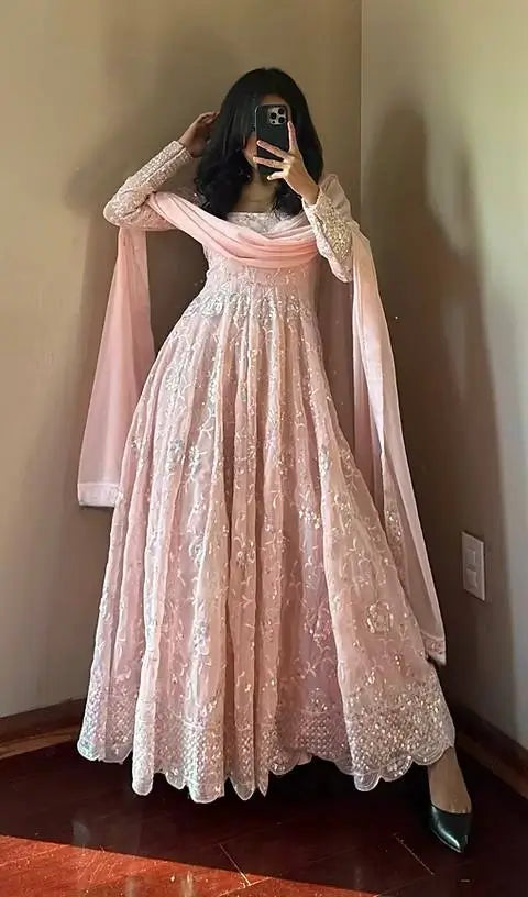Embroidered Fox Georgette Anarkali Gown Set
