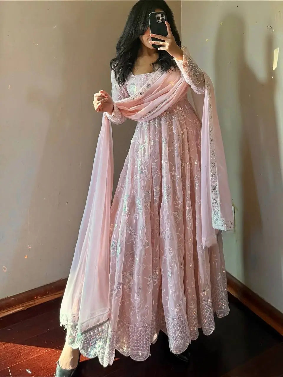 Embroidered Fox Georgette Anarkali Gown Set